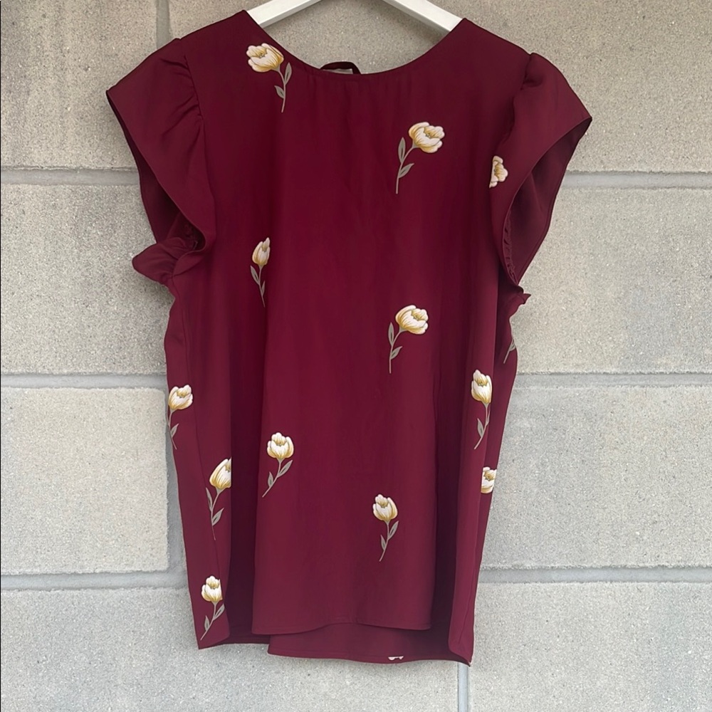 Red and Cream Flutter Sleeve Ruffled Blouse